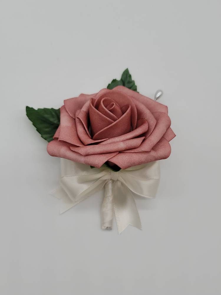 Dusty rose And white Boutonnieres And Corsages, Available In 27 Colors, Corsages Available In Pin On And Wrist, Matching Bouquets Available