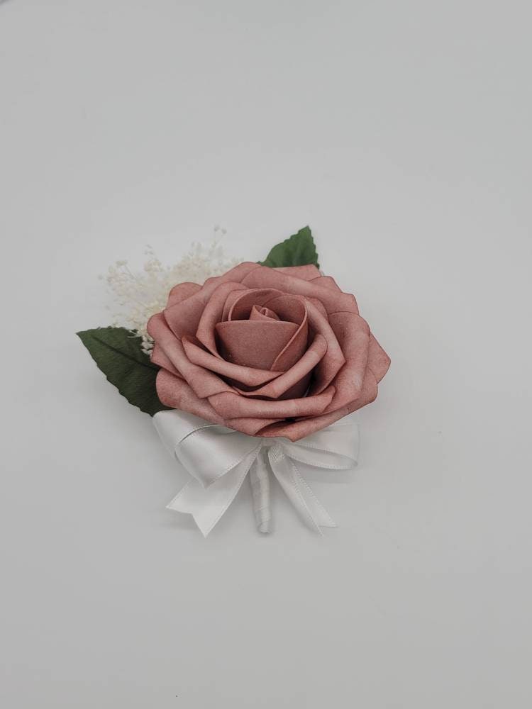 Dusty rose And white Boutonnieres And Corsages, Available In 27 Colors, Corsages Available In Pin On And Wrist, Matching Bouquets Available