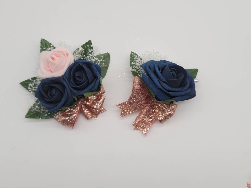 Navy And Rose Gold Boutonnieres And Corsages, Available In 27 Colors, Corsages Available In Pin On And Wrist, Matching Bouquets Available