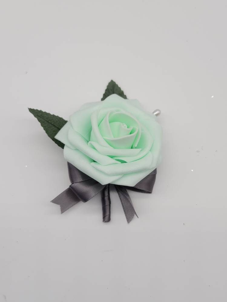 Mint and gray Boutonnieres And Corsages,Available In 27 Colors, Corsages Are Available In Pin On And Wrist, Matching Bouquets Available