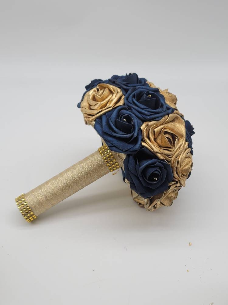 Gold and Navy Wedding Bouquet Made With Real Touch Roses, Bridal Bouquet, Bridesmaid Bouquet and Matching Boutonniere and Corsages Available