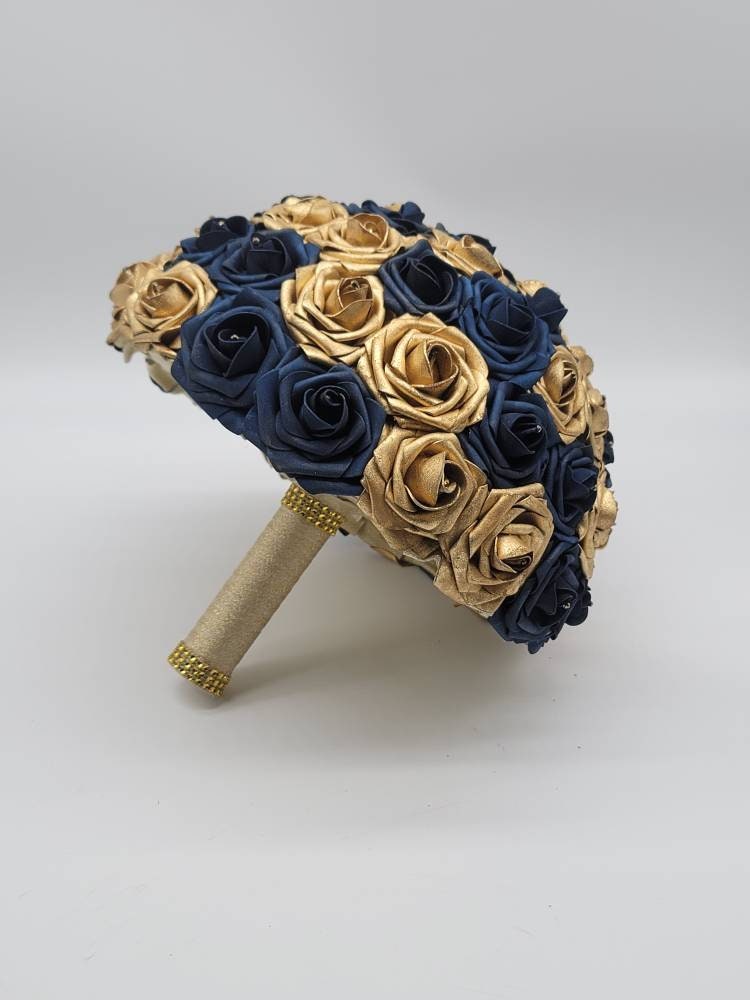 Gold and Navy Wedding Bouquet Made With Real Touch Roses, Bridal Bouquet, Bridesmaid Bouquet and Matching Boutonniere and Corsages Available