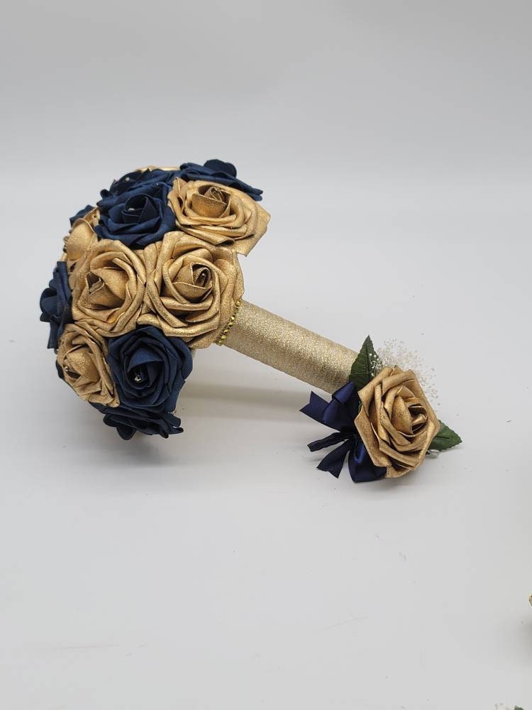 Gold and Navy Wedding Bouquet Made With Real Touch Roses, Bridal Bouquet, Bridesmaid Bouquet and Matching Boutonniere and Corsages Available