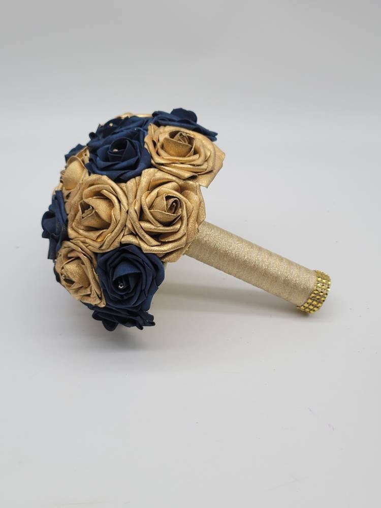 Gold and Navy Wedding Bouquet Made With Real Touch Roses, Bridal Bouquet, Bridesmaid Bouquet and Matching Boutonniere and Corsages Available