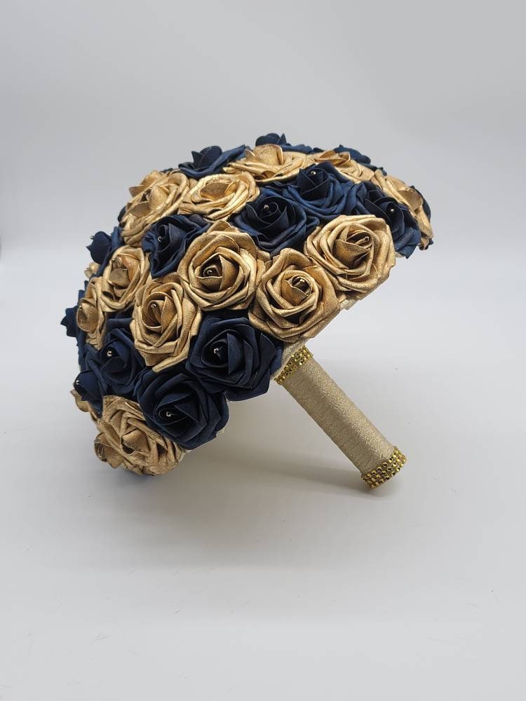 Gold and Navy Wedding Bouquet Made With Real Touch Roses, Bridal Bouquet, Bridesmaid Bouquet and Matching Boutonniere and Corsages Available