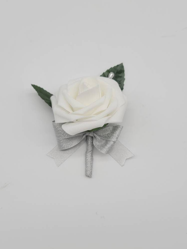 White And silver Boutonnieres And Corsages, Available In 27 Colors, Corsages Available In Pin On And Wrist, Matching Bouquets Available