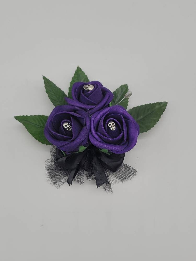 Gothic Skull Purple And Black Boutonnieres and Corsages Available In Pin On And Wrist, Matching Bouquets Available
