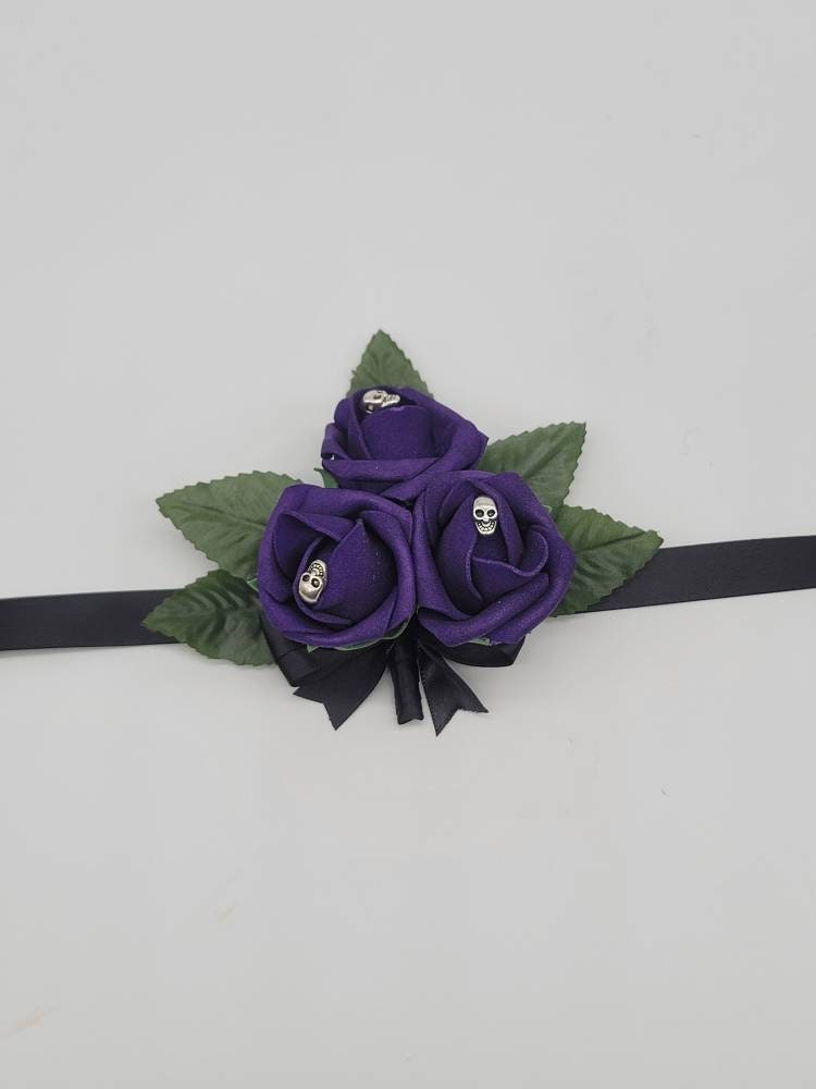 Gothic Skull Purple And Black Boutonnieres and Corsages Available In Pin On And Wrist, Matching Bouquets Available