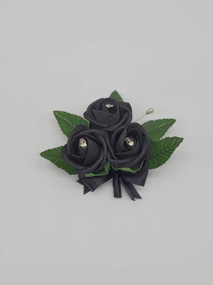 Gothic Skull Black Corsages and Boutonnieres, Corsages Available In Pin On And Wrist, Matching Bouquets Available