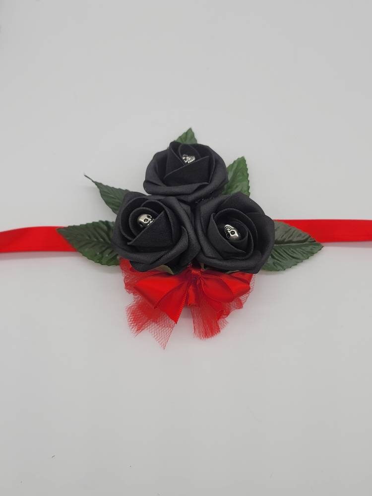Gothic Black And Red Skull Corsages and Boutonnieres, Corsages Available In Pin On And Wrist, Matching Bouquets Available
