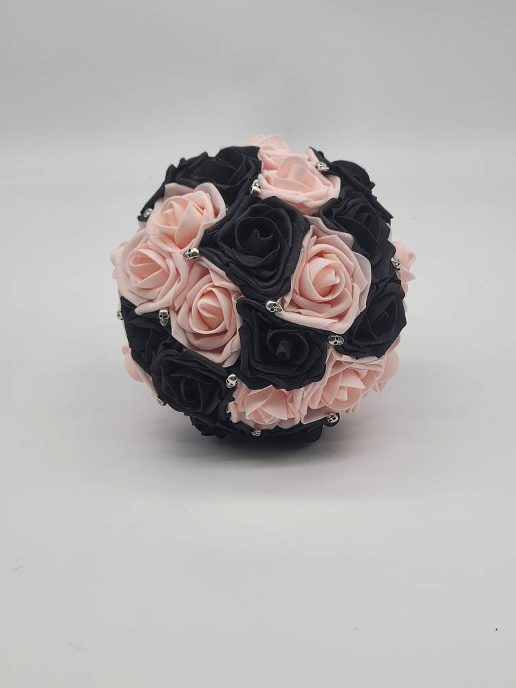 Gothic Black and Blush Skull Wedding Bouquet, Bridal Bouquet, Bridesmaid Bouquet, Matching Corsages and Boutonnieres, Halloween Wedding