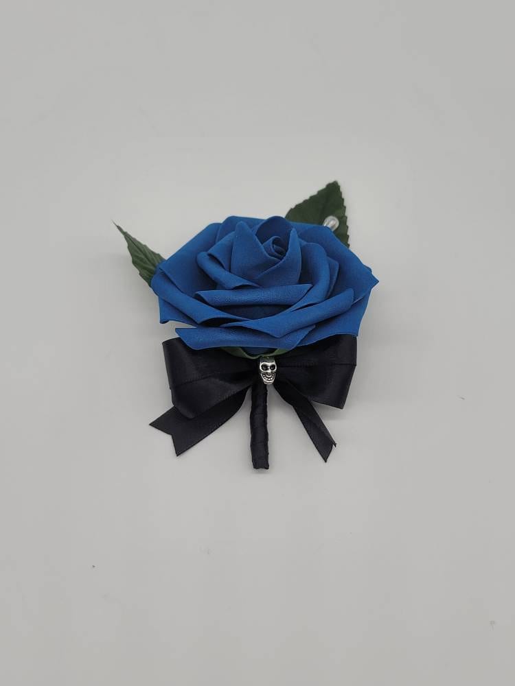 Gothic Skull Royal Blue and Black Wedding Bouquet,Bridal Bouquet, Bridesmaid Bouquet, Matching Corsages and Boutonnieres, Halloween Wedding