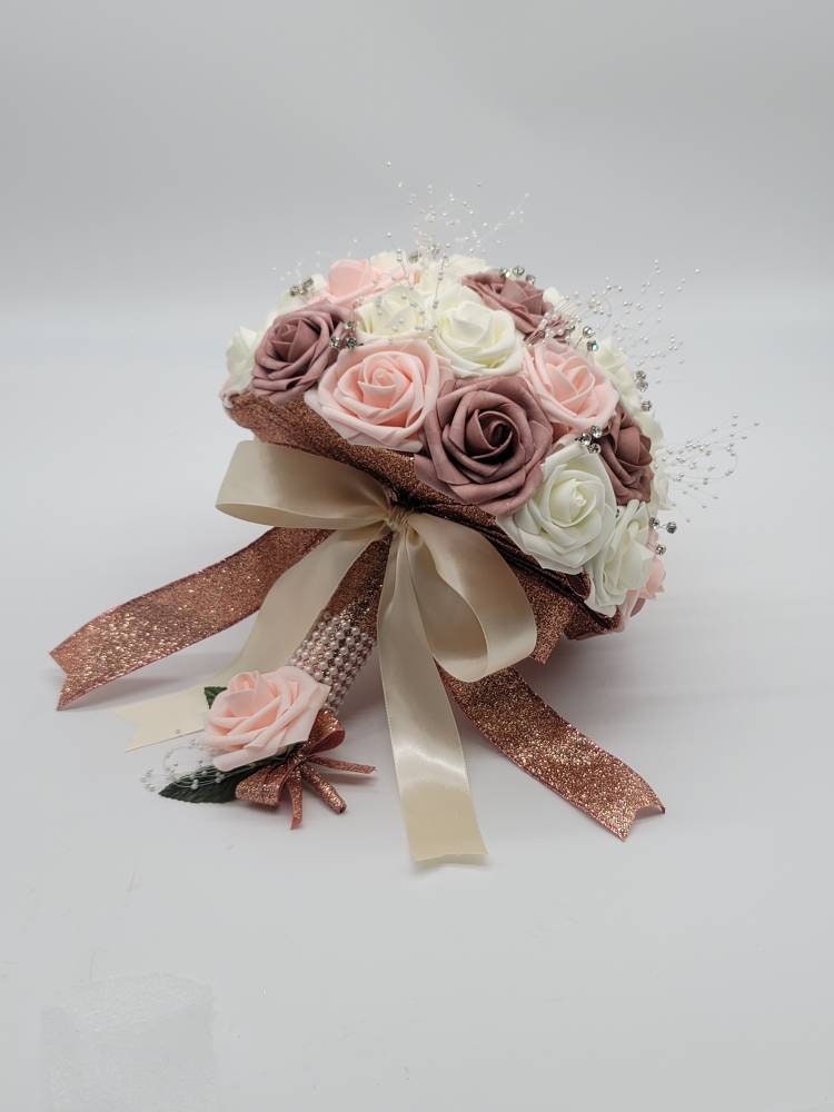 Blush and Rose gold Boutonnieres And Corsages, Available In 27 Colors, Corsages Available In Pin On And Wrist, Matching Bouquets Available