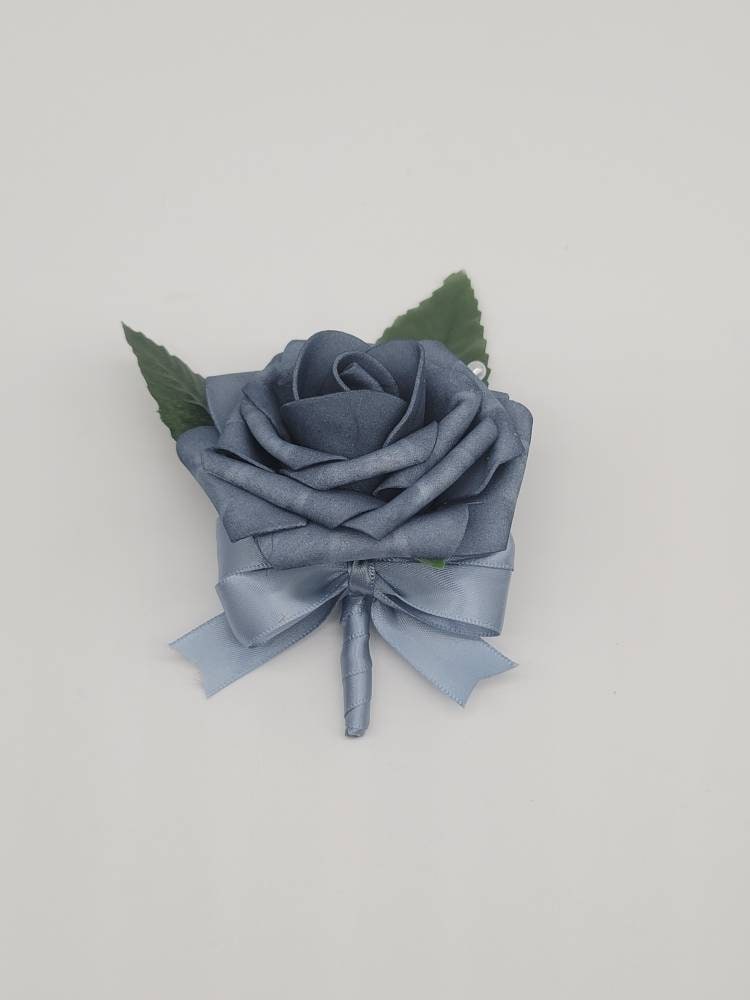 Dark Dusty Blue Boutonnieres And Corsages, Available In 27 Colors, Corsages Available In Pin On And Wrist, Matching Bouquets Available