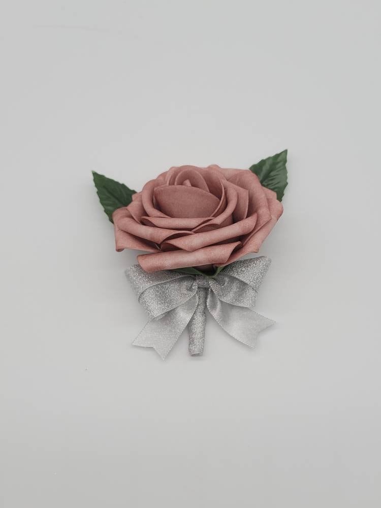 Dusty rose And silver Boutonnieres And Corsages, Available In 27 Colors, Corsages Available In Pin On And Wrist, Matching Bouquets Available