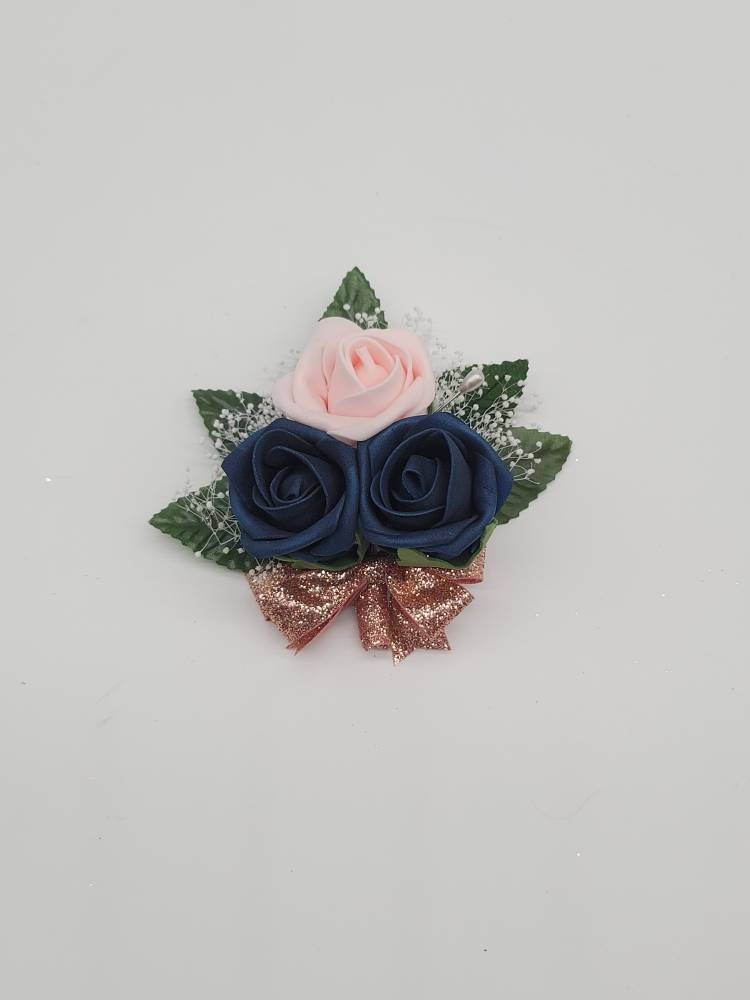 Navy And Rose Gold Boutonnieres And Corsages, Available In 27 Colors, Corsages Available In Pin On And Wrist, Matching Bouquets Available