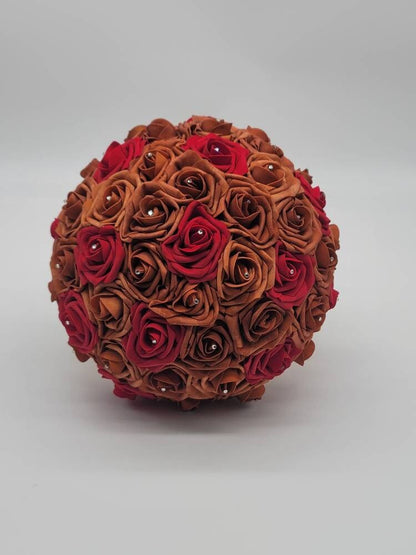 Burnt Orange and Red Wedding Bouquet Made with Real Touch Roses