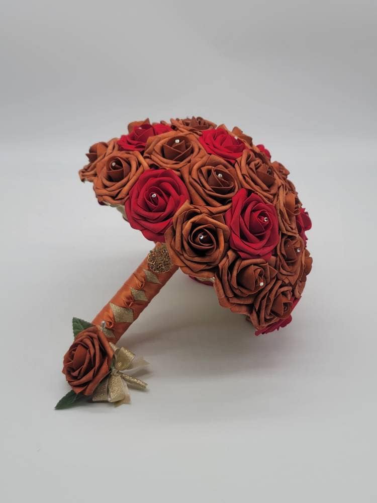 Burnt Orange and Red Wedding Bouquet Made with Real Touch Roses