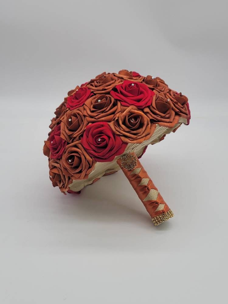 Burnt Orange and Red Wedding Bouquet Made with Real Touch Roses