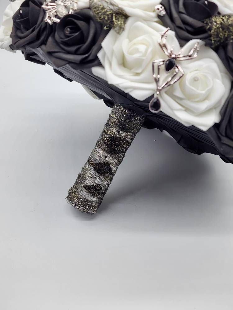 Dark purple and Black Spiderweb and Skull Bridal Bouquet,Available in 27 Colors,Halloween,Gothic, Boutonnieres and Corsages Available