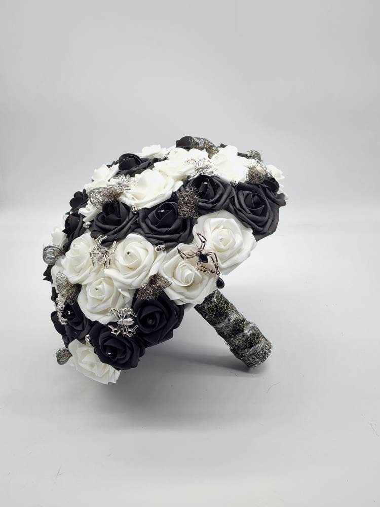 Black and White Spiderweb and Skull Bridal Bouquet,Available in 27 Colors,Halloween,Gothic, Boutonnieres and Corsages Available