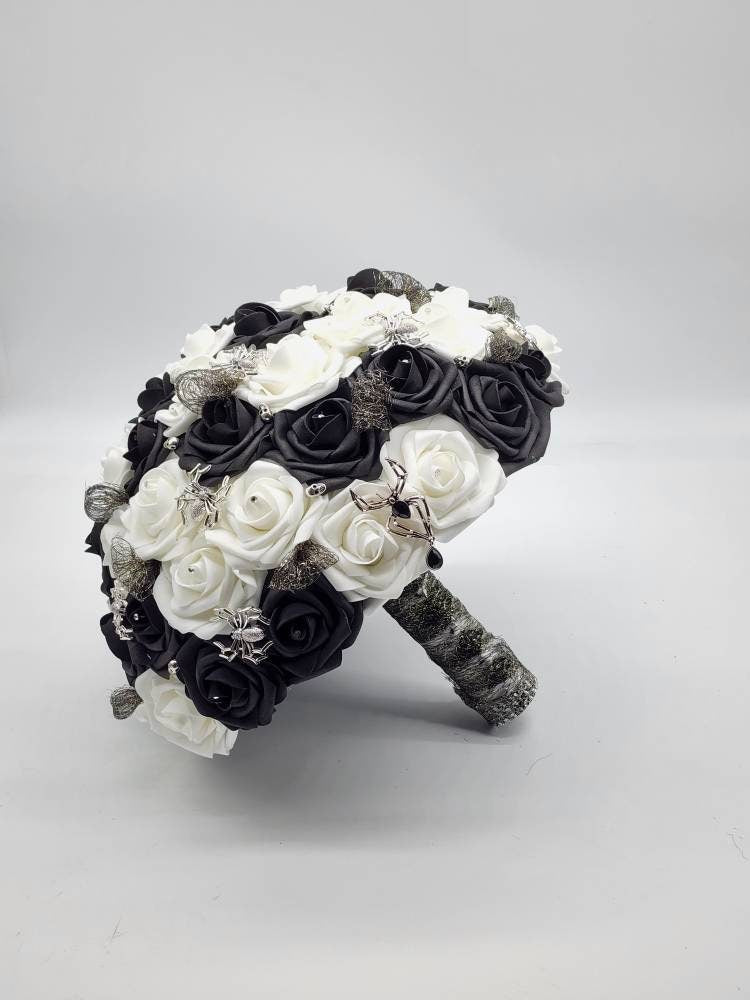 Dark purple and Black Spiderweb and Skull Bridal Bouquet,Available in 27 Colors,Halloween,Gothic, Boutonnieres and Corsages Available