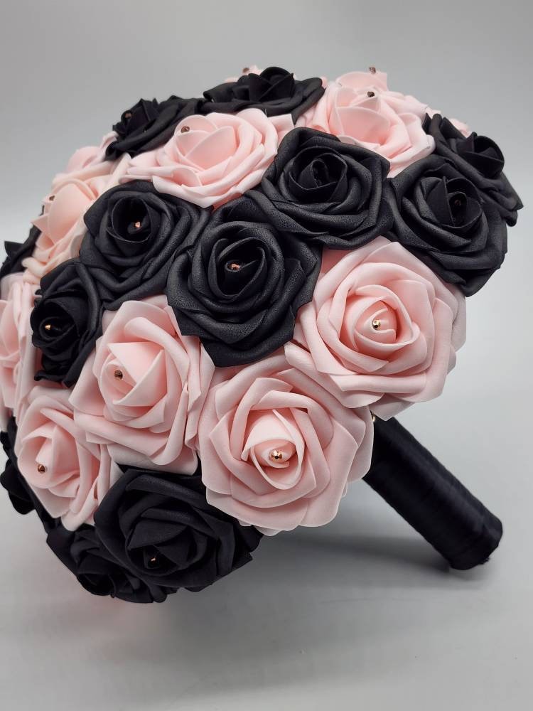 Blush Pink and Black Wedding Bouquet-Real Touch Roses-Modern Romantic Bridal-Gothic Elegant-Custom Colors-Matching Boutonnieres & Corsages