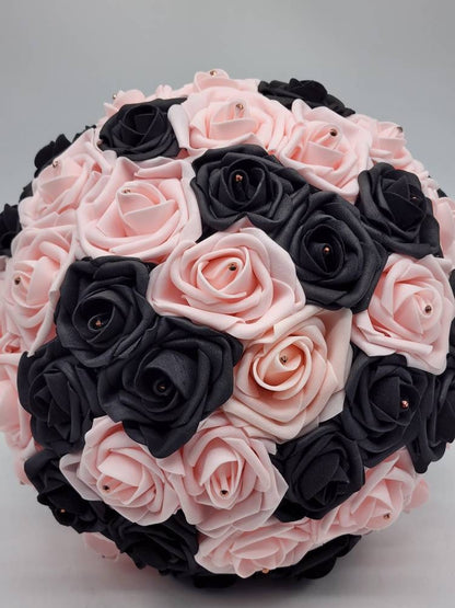 Black and Blush Wedding Bouquet Made With Real Touch Roses, Bridal Bouquet, Bridesmaid Bouquet and Matching Boutonnieres and Corsages