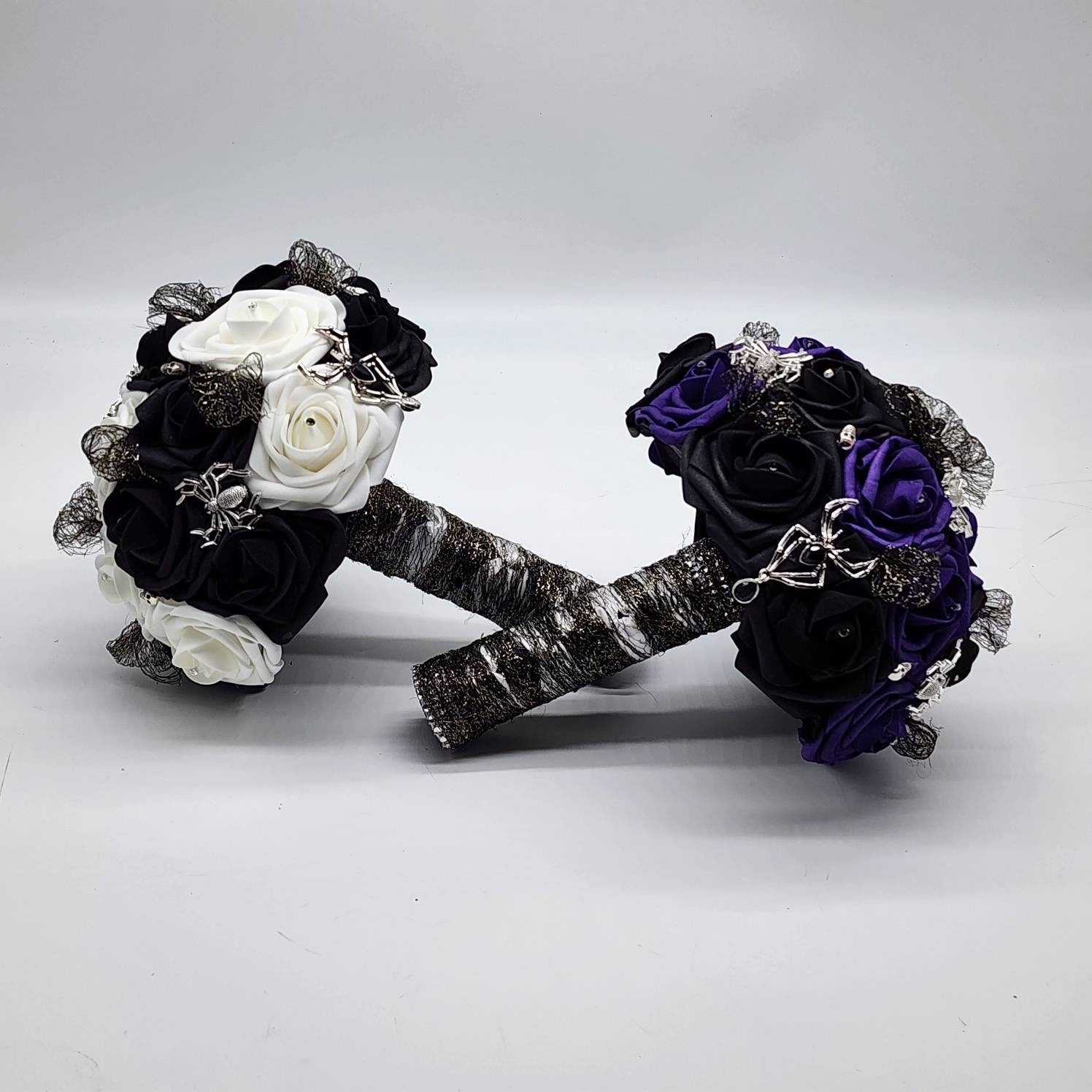 Dark purple and Black Spiderweb and Skull Bridal Bouquet,Available in 27 Colors,Halloween,Gothic, Boutonnieres and Corsages Available