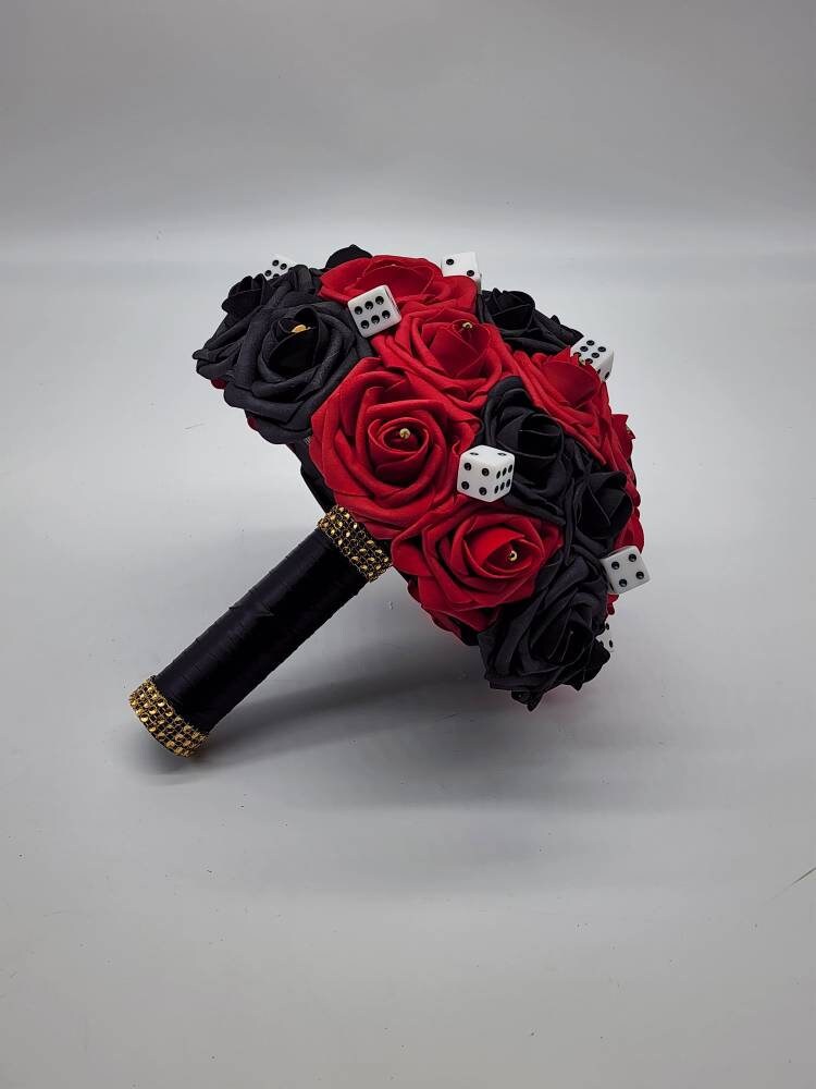 Las Vegas Themed Wedding Bouquet, Red And Black Bridal Bouquet, Bridesmaid Bouquet, Matching Boutonnieres and Corsages, Destination Wedding