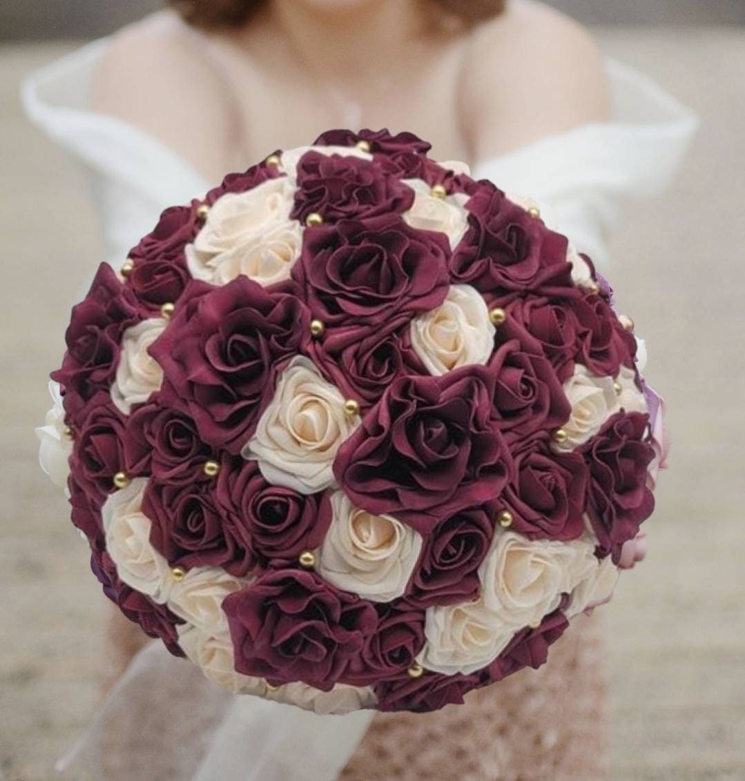 Burgundy and Cream Bridal Bouquet with Gold Accents