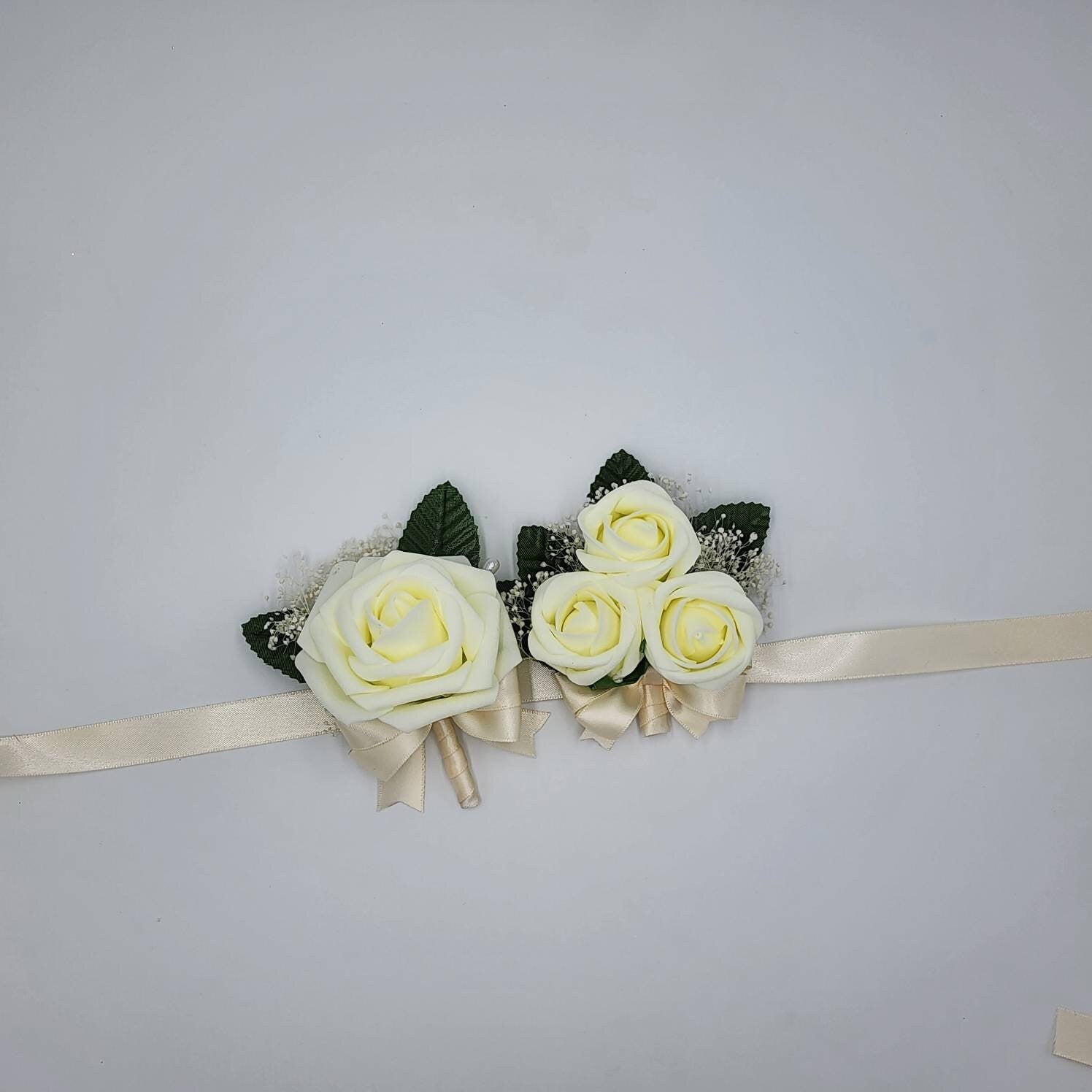 Ivory Boutonnieres And Corsages, Available In 27 Colors, Corsages Available In Pin On And Wrist, Matching Bouquets Available