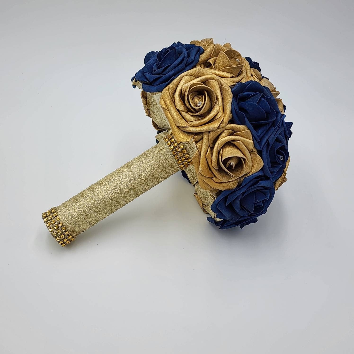 Gold and Navy Wedding Bouquet Made With Real Touch Roses, Bridal Bouquet, Bridesmaid Bouquet and Matching Boutonniere and Corsages Available