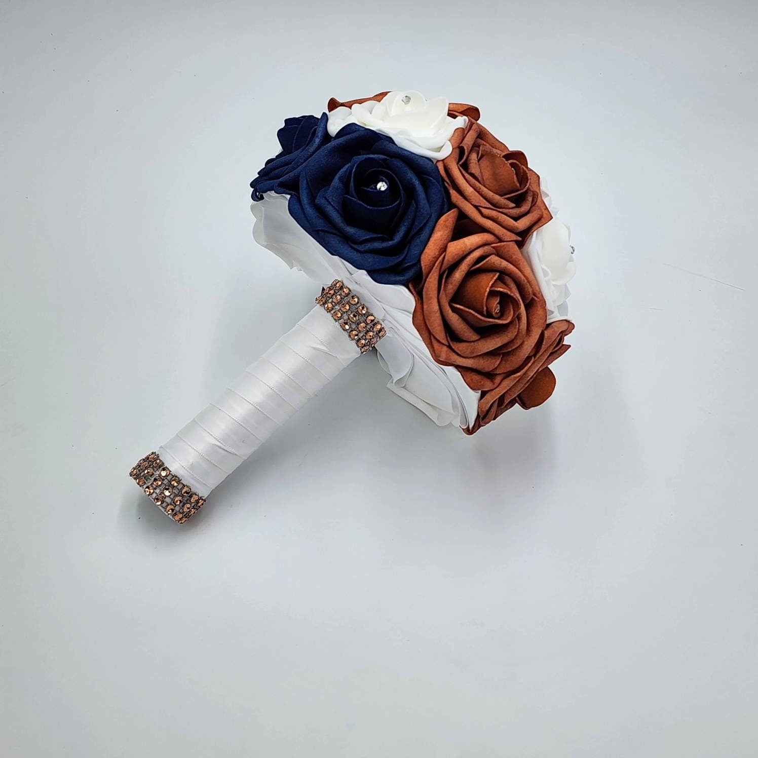 Burnt orange, Navy, & White Wedding Bouquet Made with Real Touch Roses