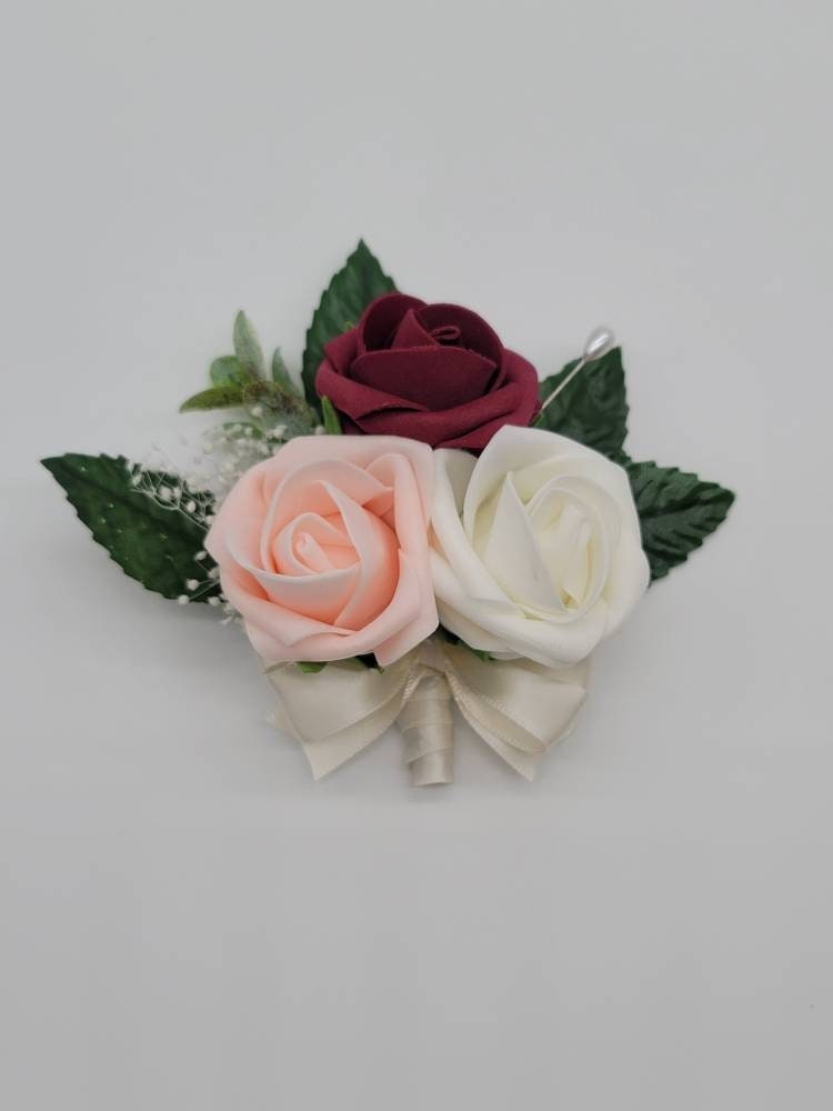 Blush,burgundy, and ivory corsage With Eucalyptus And Babais Breath, Matching Boutonnieres And Bouquets Available, 27 Colors Available