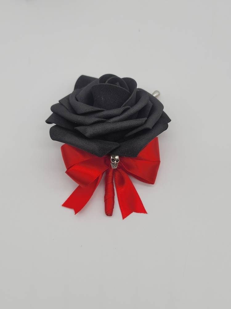Gothic Skull Black And Red Boutonniere and Corsages, Corsages Available In Pin On And Wrist, Matching Bouquets Available