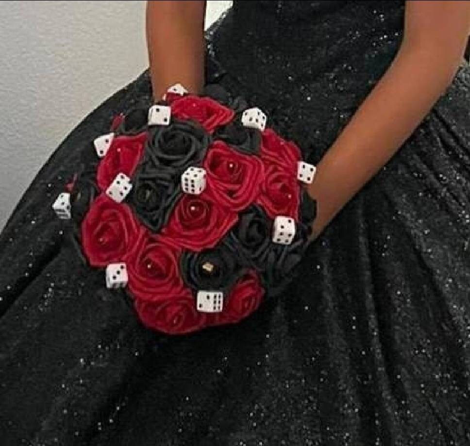 Las Vegas Themed Wedding Bouquet, Red And Black Bridal Bouquet, Bridesmaid Bouquet, Matching Boutonnieres and Corsages, Destination Wedding