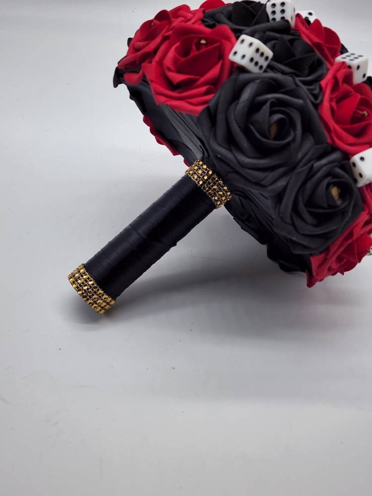 Las Vegas Themed Wedding Bouquet, Red And Black Bridal Bouquet, Bridesmaid Bouquet, Matching Boutonnieres and Corsages, Destination Wedding