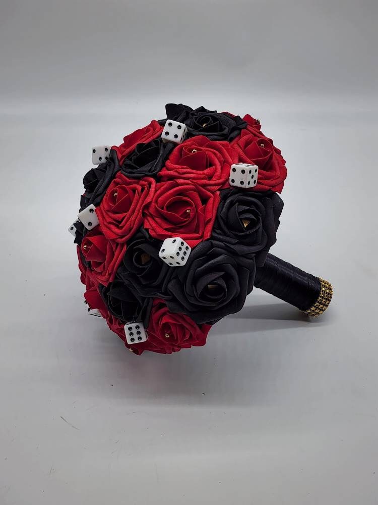 Las Vegas Themed Wedding Bouquet, Red And Black Bridal Bouquet, Bridesmaid Bouquet, Matching Boutonnieres and Corsages, Destination Wedding