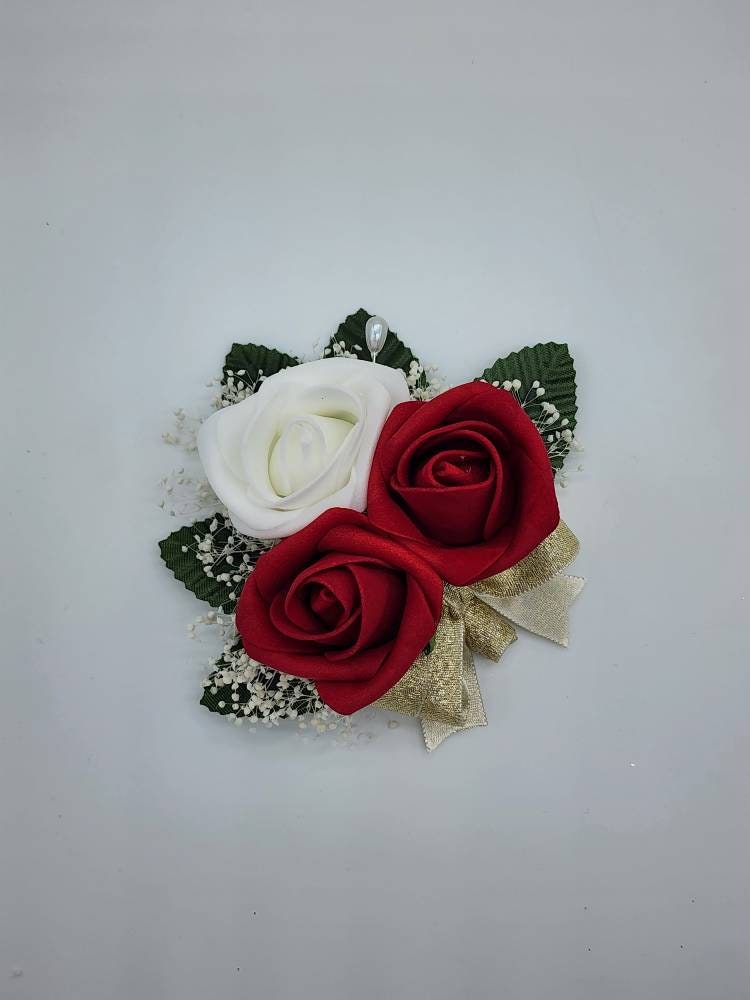 Red And White Boutonnieres And Corsages, Available In 27 Colors, Corsages Available In Pin On And Wrist, Matching Bouquets Available