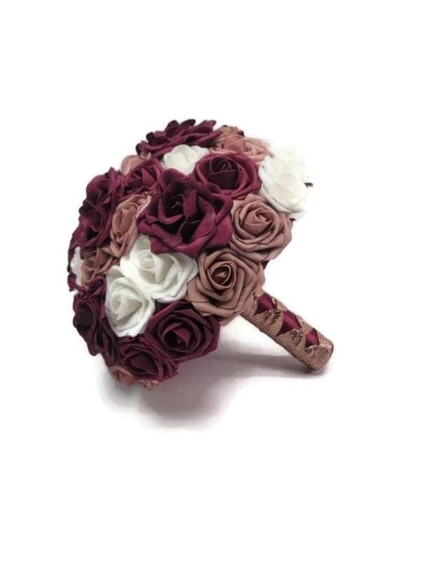 Burgundy, Dusty Rose, & White Wedding Bouquet Made w/Real Touch Roses, Bridal Bouquet, Bridesmaid Bouquet/ Matching Boutonniere and Corsages