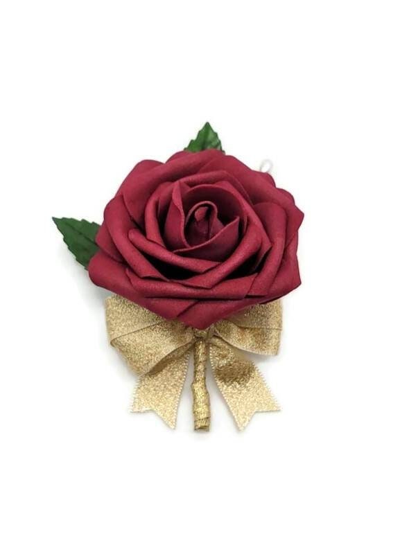 Burgundy and Cream Wedding Bouquet Made With Real Touch Roses, Bridal Bouquet, Bridesmaid Bouquet and Matching Boutonnieres and Corsages