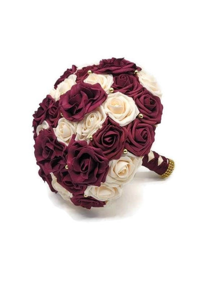 Burgundy and Cream Wedding Bouquet Made With Real Touch Roses, Bridal Bouquet, Bridesmaid Bouquet and Matching Boutonnieres and Corsages