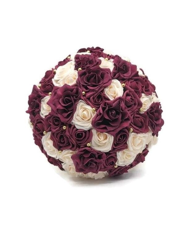 Burgundy and Cream Bridal Bouquet with Gold Accents