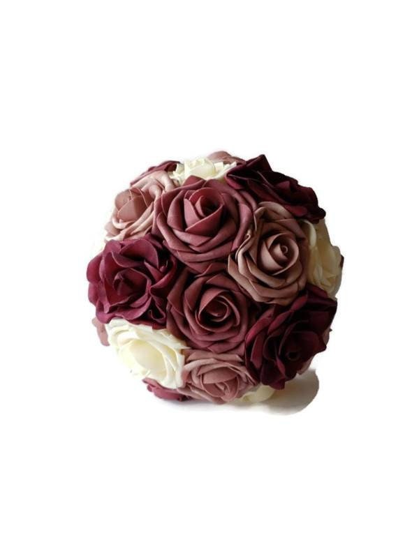 Burgundy, Dusty Rose, Mauve & Cream Wedding Bouquet Made w/Real Touch Roses, Bridal and Bridesmaid Bouquets /Matching Boutonniere/Corsages