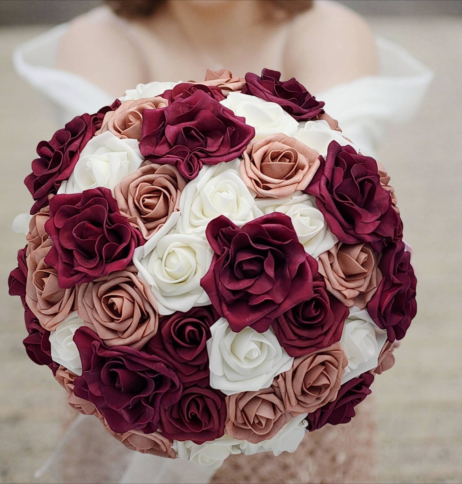 Burgundy, Dusty Rose, & White Wedding Bouquet Made w/Real Touch Roses, Bridal Bouquet, Bridesmaid Bouquet/ Matching Boutonniere and Corsages