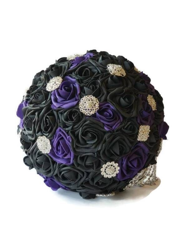 Cascading Dark purple and black Bridal brooch bouquet with chain. Available in 27 colors,Boutonnieres And Corsages Available,Gothic bouquet