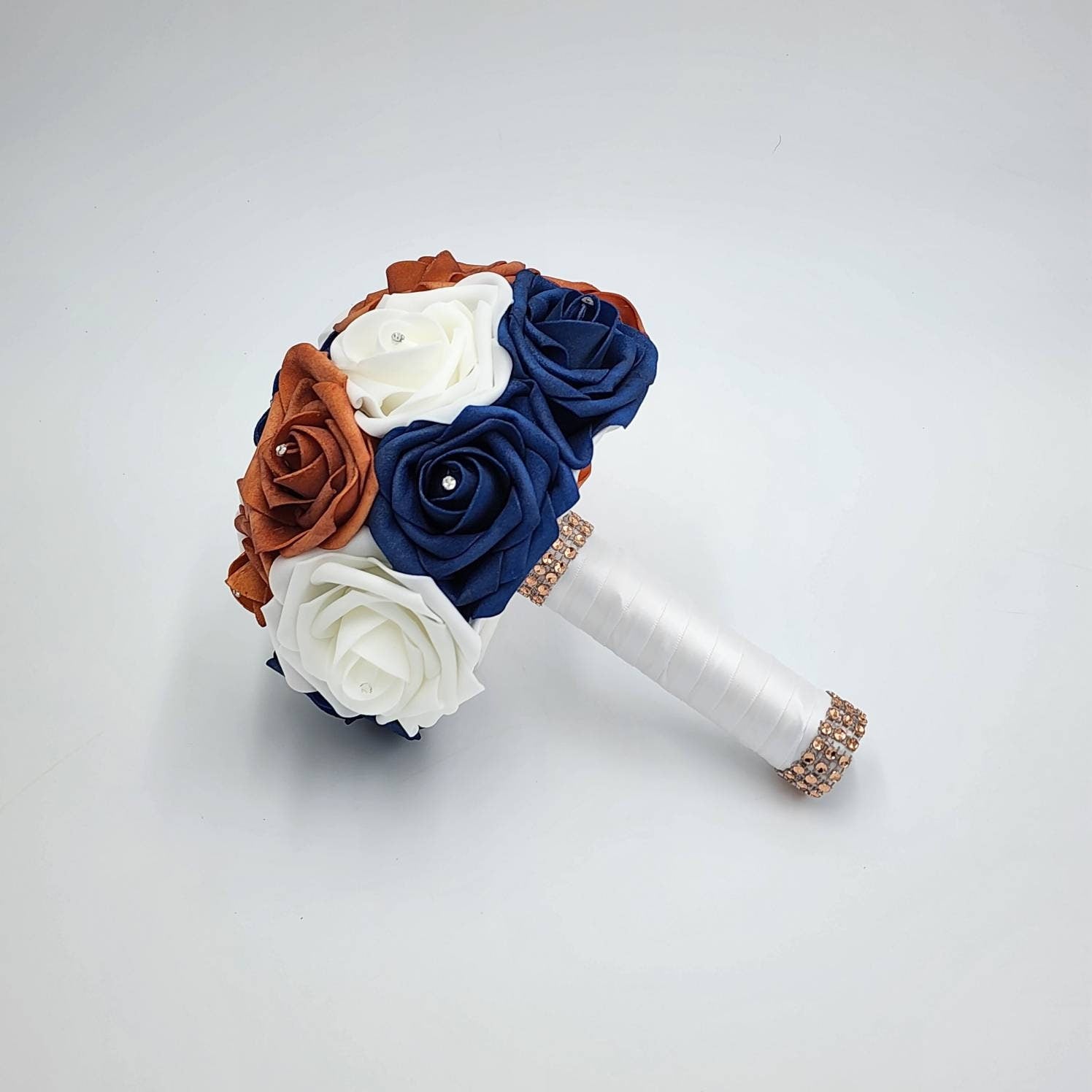 Burnt orange, Navy, & White Wedding Bouquet Made with Real Touch Roses