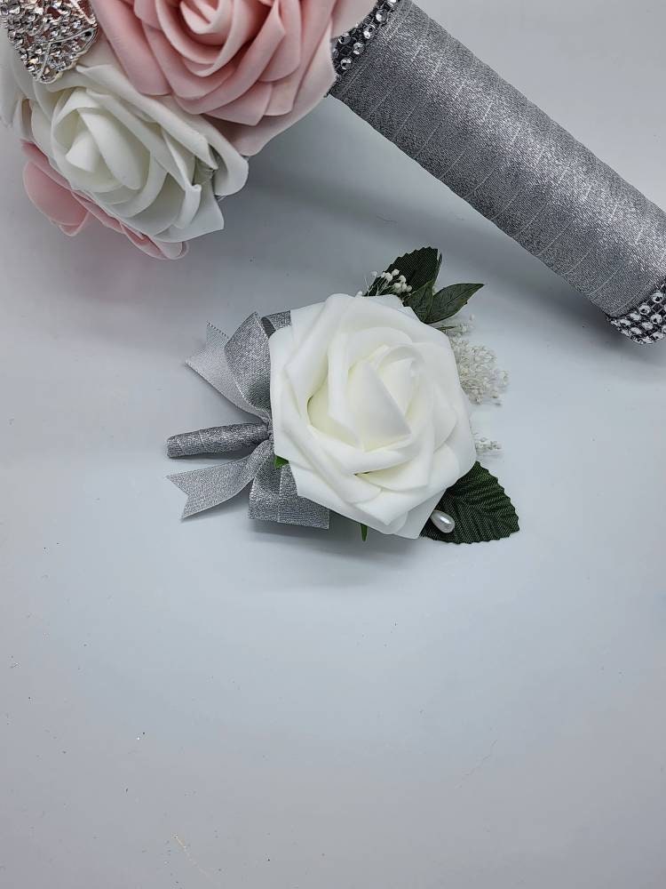 Blush and White Brooch Bouquet, Bridesmaid Bouquet, Available in 27 colors,Matching Boutonnieres And Corsages available