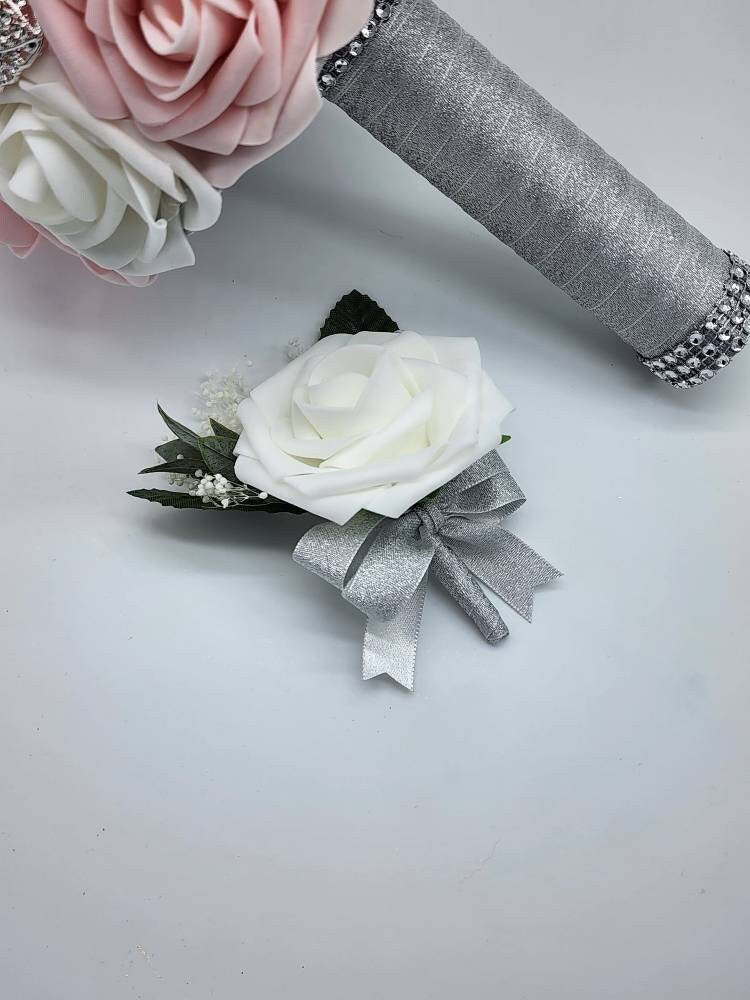 Blush and White Brooch Bouquet, Bridesmaid Bouquet, Available in 27 colors,Matching Boutonnieres And Corsages available